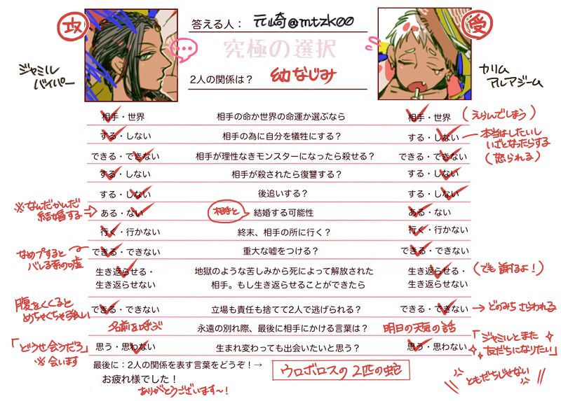 #重いオタク向け2択
お借りしました~!ありがとうございます! こちら、本音と建前と責任と決意をふまえて、どう行動したところで世界を巻きこんで動くことになるジャミカリ