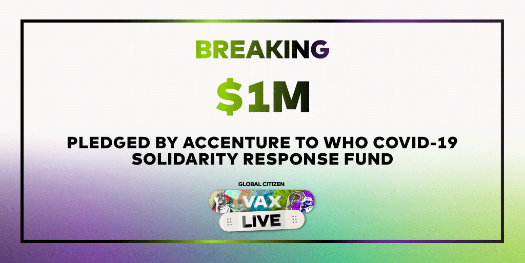 Thank you <a href="/Accenture/">Accenture</a>! Your generous donation to the <a href="/WHO/">World Health Organization (WHO)</a> COVID-19 Solidarity Response Fund will make sure essential #PPE and emergency services get to those that need them most. #VaxLive glblctzn.me/vaxlivereport