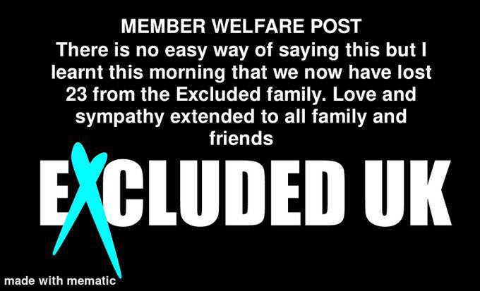 Alicebellamy's tweet photo. @JamesEFoster 23 lives now lost to #suicide from #ExcludedUK 😢

23 families shattered!
All because giving them support was
“too complicated”
@RishiSunak 
Act now, stop ignoring the issue..before it’s 24 &amp; more!

@jackwdoyle
@DavidGHFrost
@HenryNewman
@HughRBennett
@JimBethell
@telebusiness https://t.co/GTBi22FAJK
