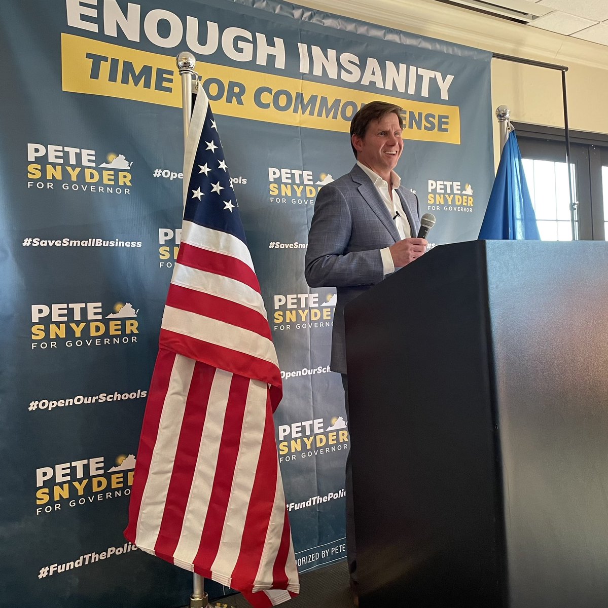 Pete Snyder addressing supporters:“We’ve had enough of the insanity. It is time for common sense. It’s time for Virginia to lead again.”