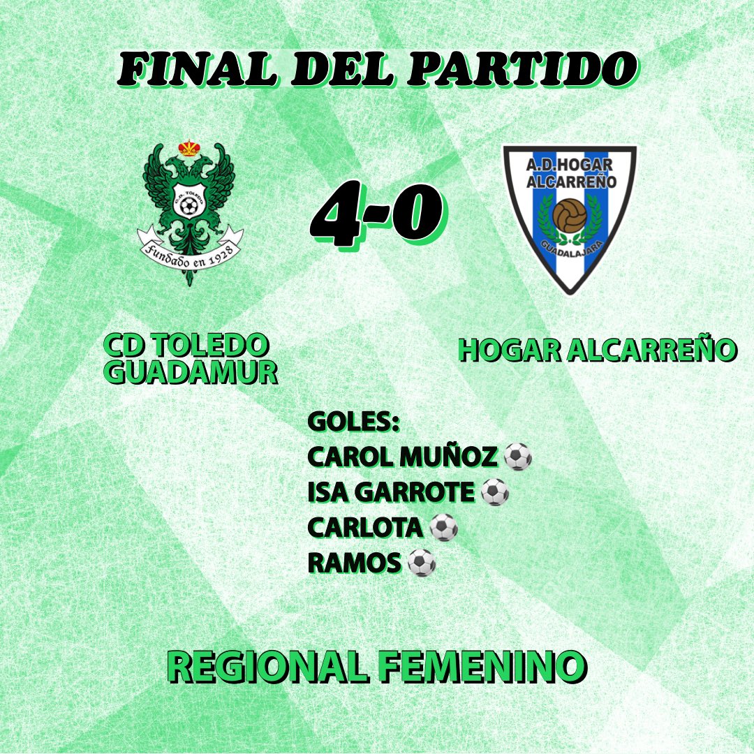 info_cdtoledo's tweet photo. | FEMENINO | EN LA TARDE DE HOY SE JUGABA UN PARTIDO IMPORTANTE CON RESULTADO POSITIVO 💚💚💚💚💚
CAMPEONAS ✅
PLAY OFFS ✅
ENORMES GUERRERAS VERDES !!! 
@CD_Toledo GUADAMUR 4-0 #HogarAlcarreño https://t.co/daEtXP2LEm