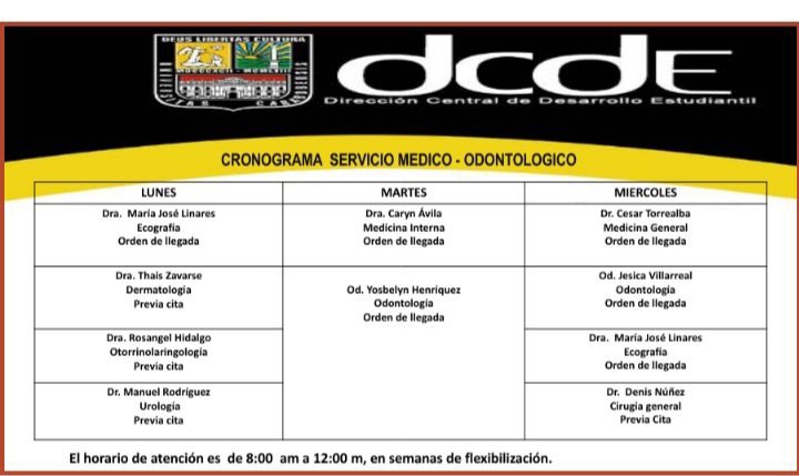 Se les Informa a todos los Estudiantes <a href="/UCarabobo/">Universidad de Carabobo</a> que a partir del Lunes 10/05 estará activo los servicios  médicos y odontológicos que ofrece la <a href="/uc_dde/">DDE UC</a>. El horario de atención será de 8:00am a 12:00pm <a href="/FCU_UC/">FCU-UC</a> <a href="/centro_face/">Centro de Estudiantes FaCE-UC</a> <a href="/FaCE_UC/">FaCE-UC</a>