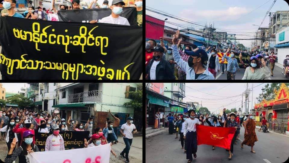 A massive rally of combined pro democracy supporters from educational and others unions f Mandalay unjoined forced together in opposition to the Military Junta, holding up 3 fingers salute. #WhatsHappeningInMyanmar #May9Coup #NoFlyZoneInMyanmar