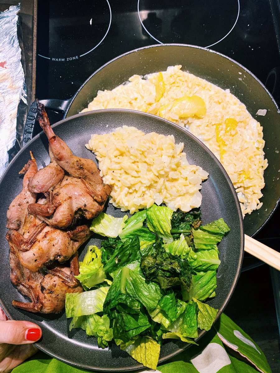 scatfloyd's tweet photo. Grilled quail, grilled romaine salad, and @mollybaz orzo al limone from #CookThisBook !!! 🍋🍋💙 https://t.co/C5NBmt0JAg