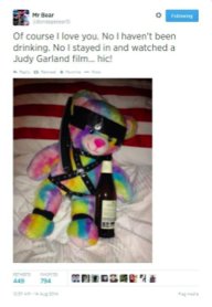 the bear got its first twitter account @/bondagebear1d the first tweets are just dumb shit, partying, nothing significant then the bear makes its first gay reference Judy Garland (google her)