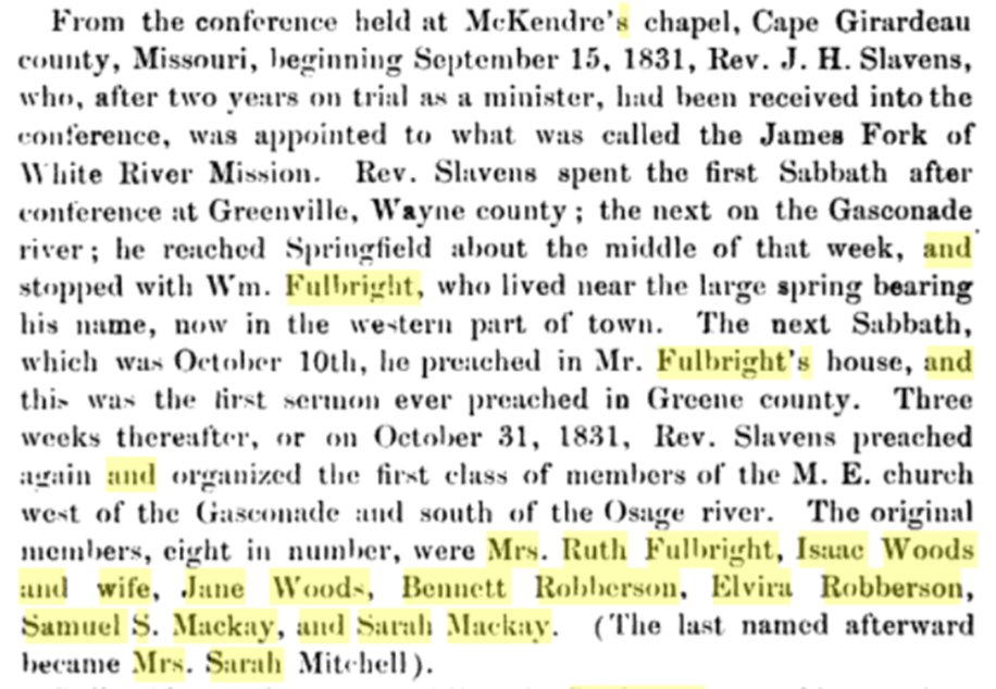 The first sermon, first service, and first congregation in Springfield, MO is described in 1883 history of Greene County, Missouri.