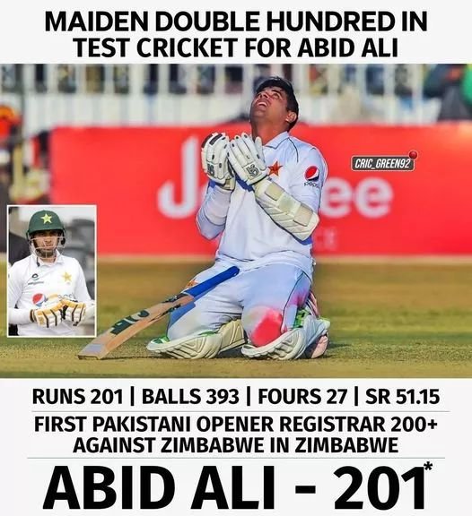 On day 2 Stumps:
PAK
510/8d
Abid Ali 215*
Azhar Ali 126
Nouman Ali 97

ZIM
52/4
Chakabva 28*
Day 2 - Stumps: 
Zimbabwe trail by 458 runs. CRR: 1.73