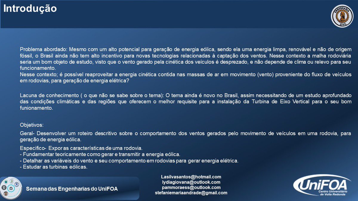 andradestefanie's tweet photo. O presente trabalho aborda um estudo sobre a implementação de turbinas eólicas em uma rodovia, como alternativa de geração de energia elétrica limpa a partir da locomoção dos veículos. @SemanaEngUniFOA #semanaintegradadasengenharias
#energiaeolica #aproveitamentoenergetico https://t.co/PHzaDVmVJP