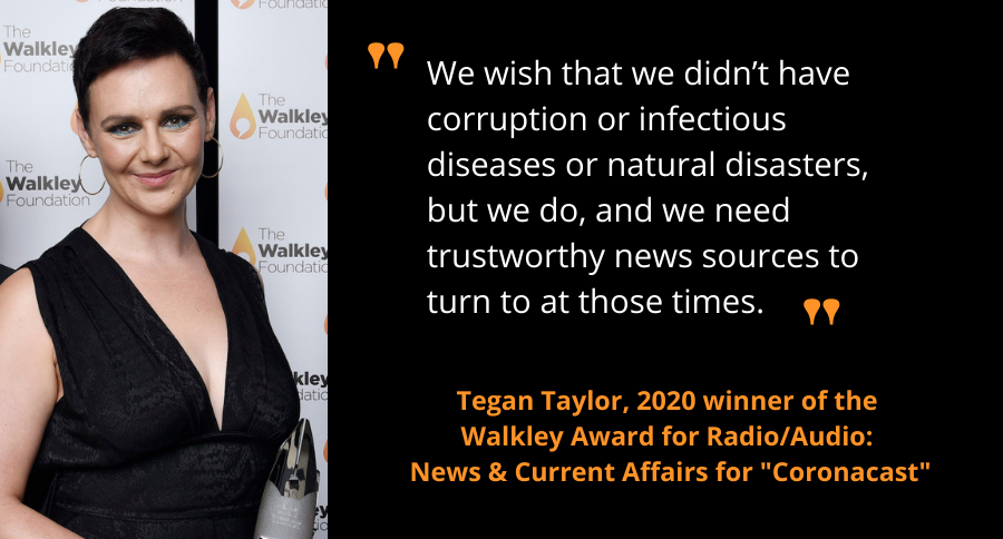 walkleys's tweet photo. Read our Spotlight On interview with Tegan Taylor (@teegstar), 2020 winner of the Walkley Award for Radio/Audio: News &amp; Current Affairs with Dr Norman Swan and Will Ockenden, for "Coronacast": https://t.co/X4LNLTsb41 https://t.co/Vp0tauwbjg