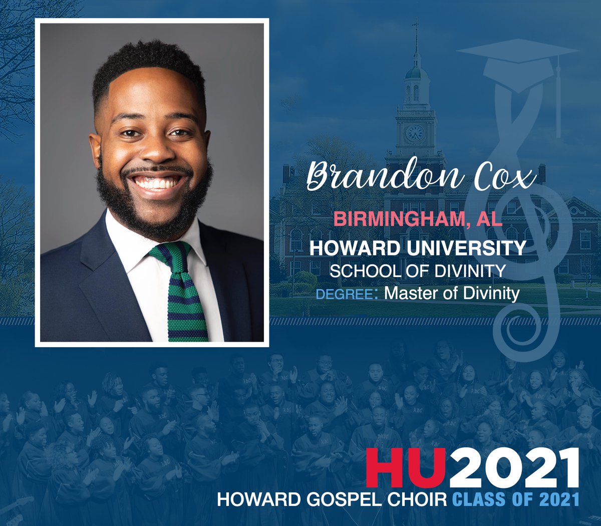 HGC1968's tweet photo. Congratulations #HU21 โข BRANDON COX #HowardGrad21 #Classof2021 #HBCU #HowardAlumni #HowardGospelChoir @howardu @thehuaa https://t.co/x7sXMs1Fy8