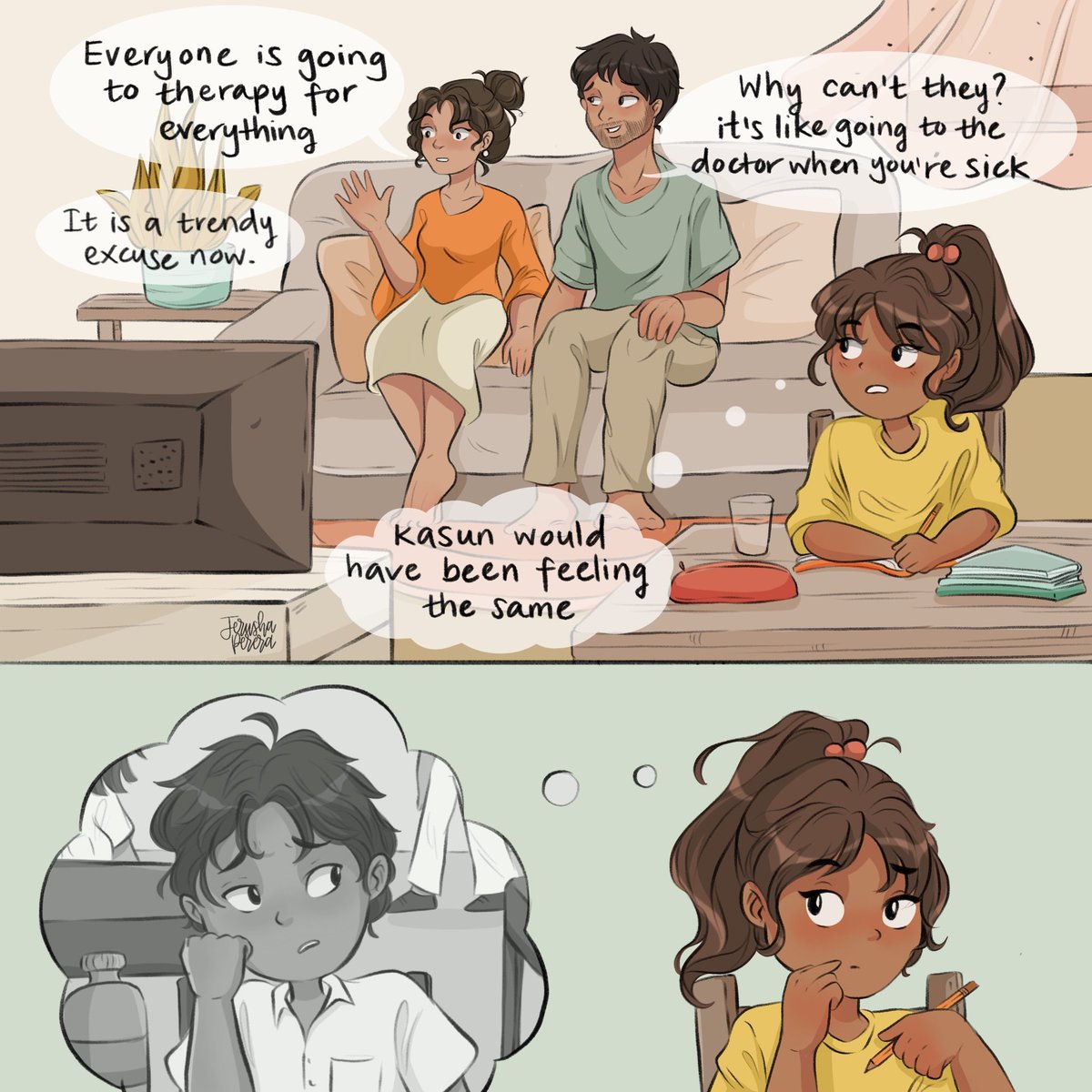 CIMASS_SL's tweet photo. Shehani's parents are watching a TV programme.Shehani hears the conversation between her parents. Her mother finds the mental health problems a fake trend and her father tries to normalize it.Shehani  realizes that Kasun is finding it hard to open up because of the stigma. https://t.co/emuKVhtINv