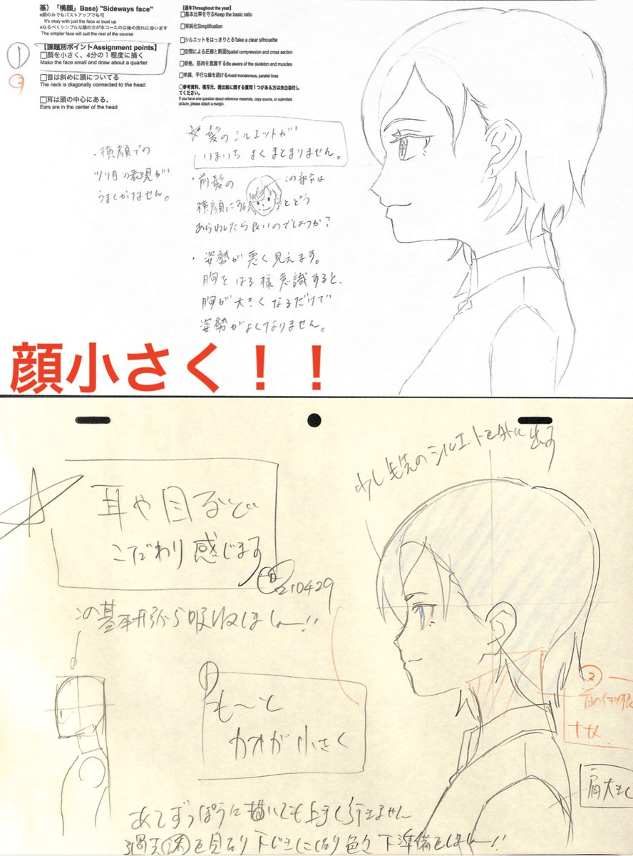 【顔は小さく!!】
・1/4より小さくコントロールすることでかわいく見えます。
・顔への意識が強いと馬顔になってしまうので注意
※21年4月基礎コース「横顔」添削結果より 