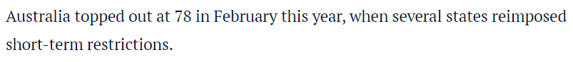 Naturally, you'll note that the Feb 21 period is still Melbourne/Vic's restrictions, it has nothing to do with multiple states increasing restrictions as the data takes the strongest state restrictions for the whole country rather than an average as incorrectly claimed by  @theage