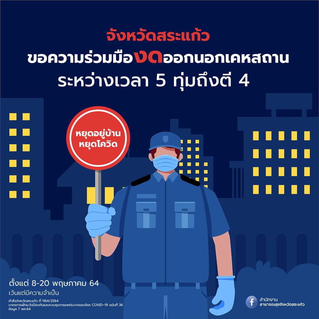 Prasit_Lekdee's tweet photo. จังหวัดสระแก้ว ออกคำสั่งคุมเข้มมาตรการ COVID-19  ขอความร่วมมือประชาชนในจังหวัดสระแก้ว งดออกนอกเคหสถานหรือสถานที่พำนักของตน ระหว่างเวลา 23.00 นาฬิกา ถึง 04.00 นาฬิกา ของวันรุ่งขึ้น เว้นแต่มีความจำเป็น  ตั้งแต่วันที่ 8-20 พฤษภาคม 2564
#สถานีตำรวจภูธรเมืองสระแก้ว
#ตำรวจสระแก้ว https://t.co/wYh2nX5phV