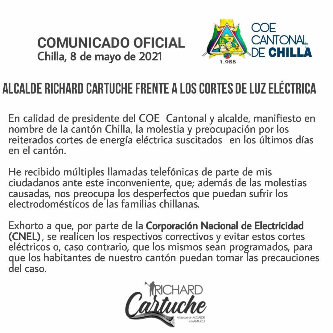 Mi pronunciamiento frente a los continuos cortes de luz eléctrica en Chilla

<a href="/CNEL_EP/">CNEL EP</a> <a href="/servicioscnelep/">Servicios CNEL EP</a> <a href="/DannyGamezO/">Danny Gámez Ontaneda</a>