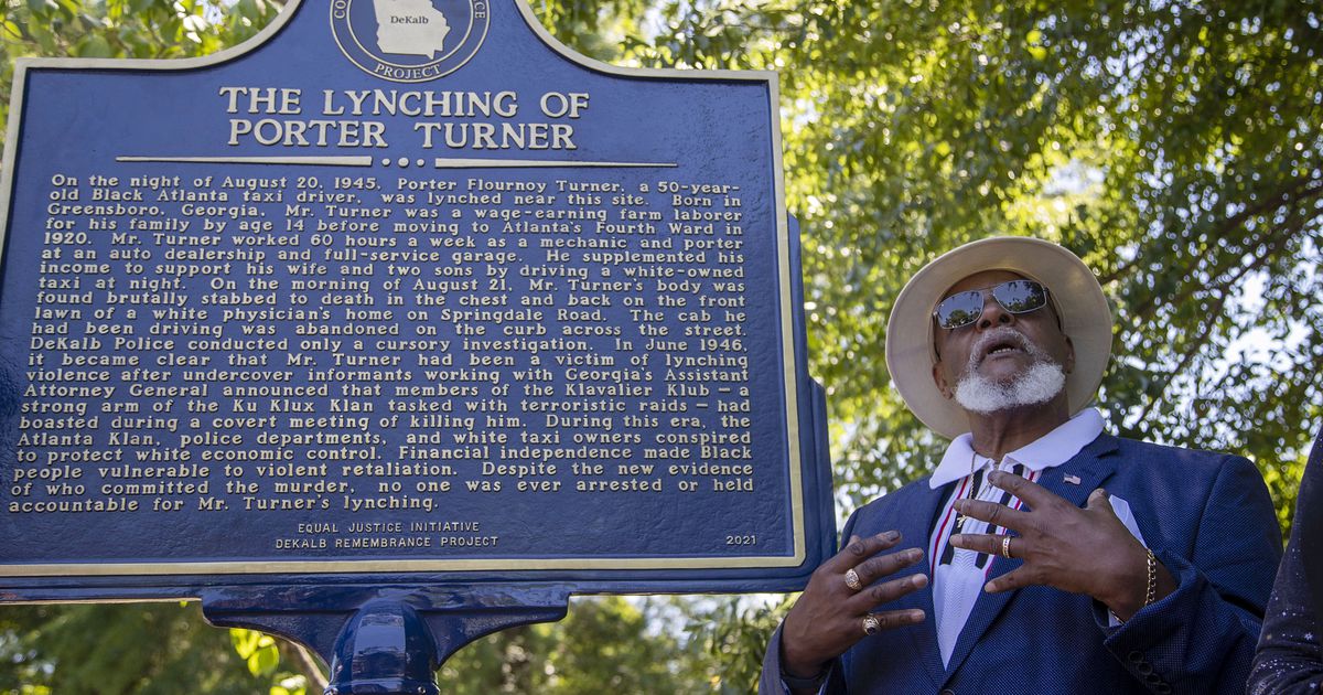 CoffeeSwig's tweet photo. New historical marker honoring Porter Flournoy Turner was installed Thursday in Dekalb County. The Decatur marker now recognizes all known lynchings that occurred in DeKalb County between the end of Reconstruction in 1877 and 1950. Read his story here https://t.co/XgZb0n9Iom https://t.co/viGz7xGjy5
