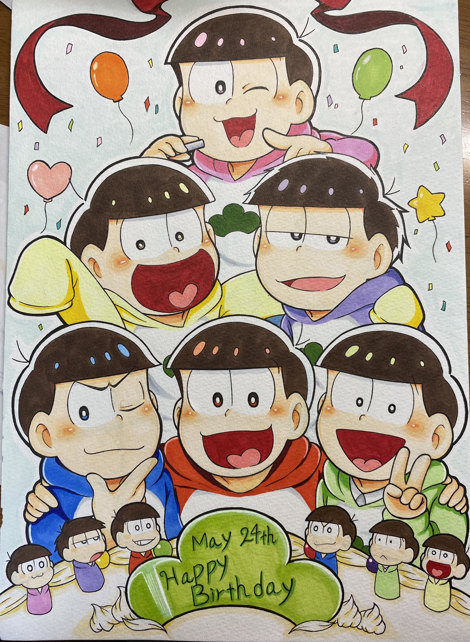 おまん獣 松描き始めて最初の誕生日イラストと 去年のアナログ誕生日イラスト 一応成長が見られる 今回のはまだ製作中 間に合うよう頑張ろ 松野家6つ子生誕祭お祝いイラスト おそ松さん T Co 91oid3yzux Twitter