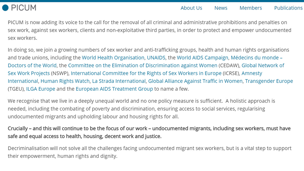 Platform for International Cooperation on Undocumented Migrants  @PICUM_post calls for decriminalization of sex work. Joins Intl' groups Global Alliance Against Traffic in Women, Anti-Slavery International, WHO, Human Rights Watch, Amnesty, UNAIDS, UNDP, La Strada.Thread.  https://twitter.com/PICUM_post/status/1174982140657725441
