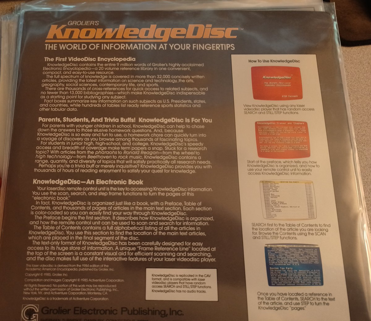 and finally, yes, finally, a Grolier's KnowledgeDisc!This is a cool idea of putting an encyclopedia on a laserdisc: They encode pictures on individual frames and let you seek to them by inputting the frame numbers.