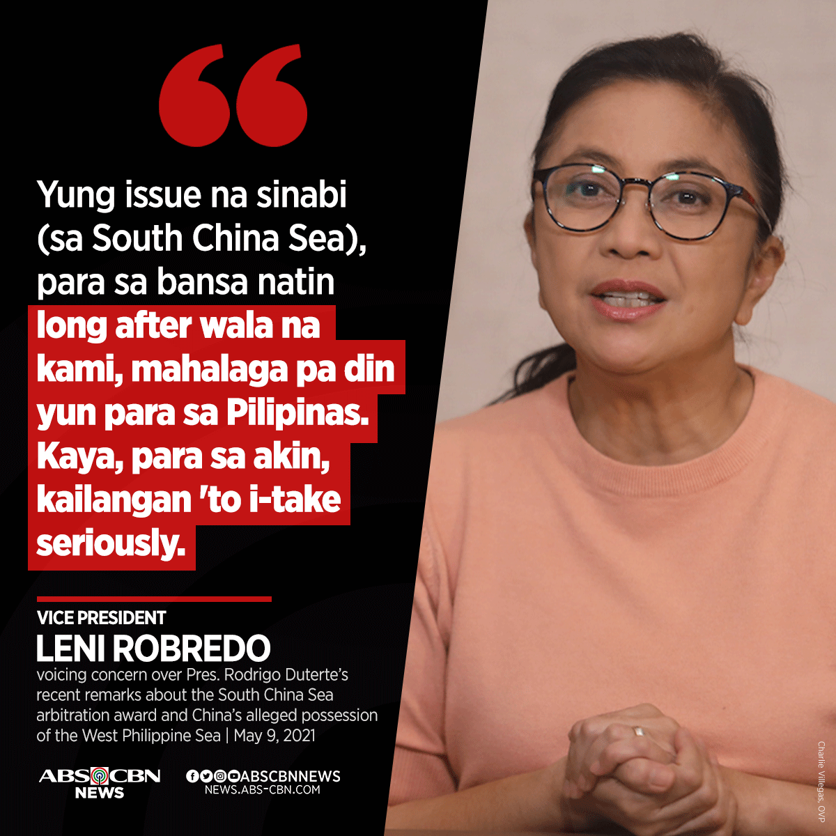 ABSCBNNews's tweet photo. President Duterte's "wrong" and "pro-China" remarks on the issue on the West Philippine Sea is seriously concerning, said VP Leni Robredo on Sunday. These statements should not be left unchallenged, she added. 

READ: https://t.co/gSA7pmcBKX https://t.co/jhB3fVs1aL