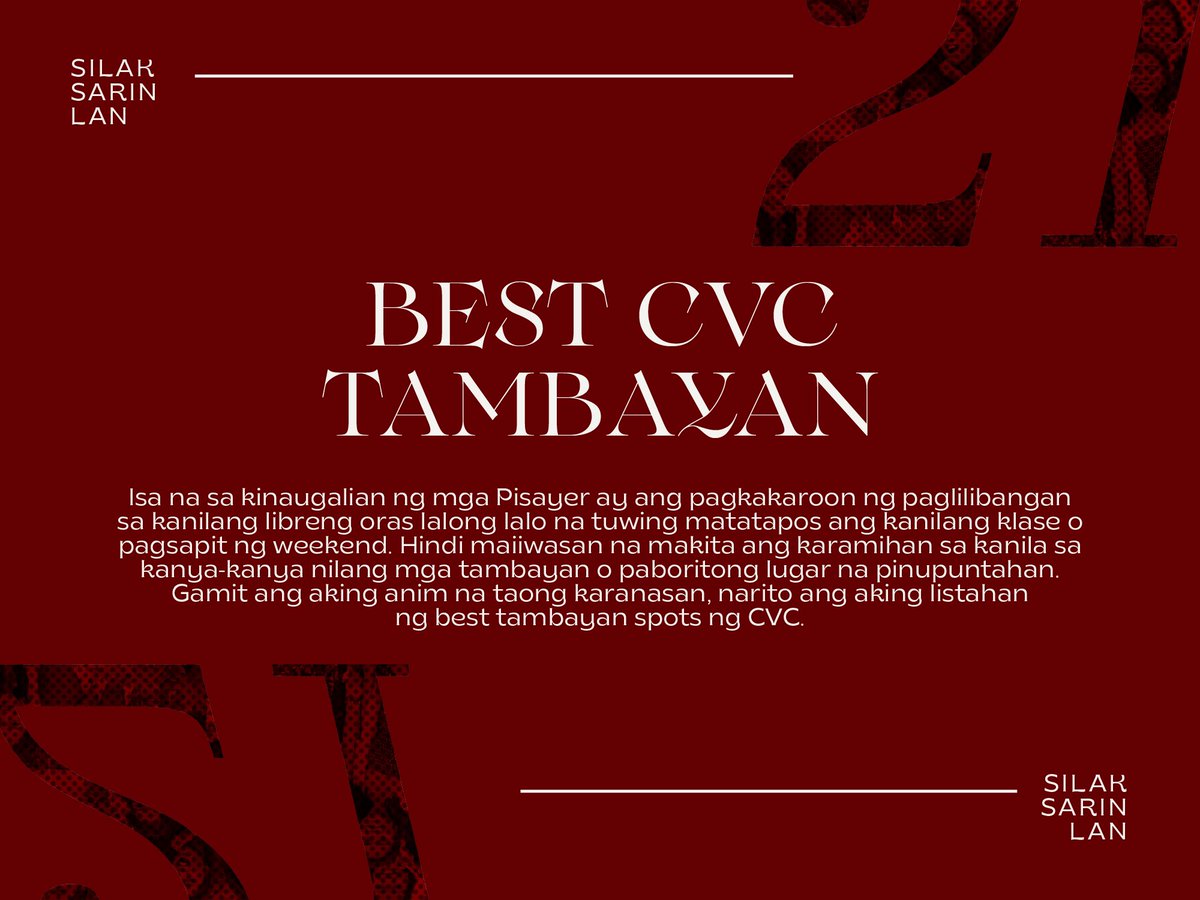 Silaksarinlan's tweet photo. Masasabi naming nahanap na namin ang aming kani-kaniyang paboritong lugar sa CVC dala ng mga karanasan at pakiramdam na aming iniukit dito. Lungkot man o tuwa ang kuwentong nabuo namin sa bawat sulok, tiyak na hinding-hindi namin ito malilimutan. https://t.co/R0SCFe4vZf