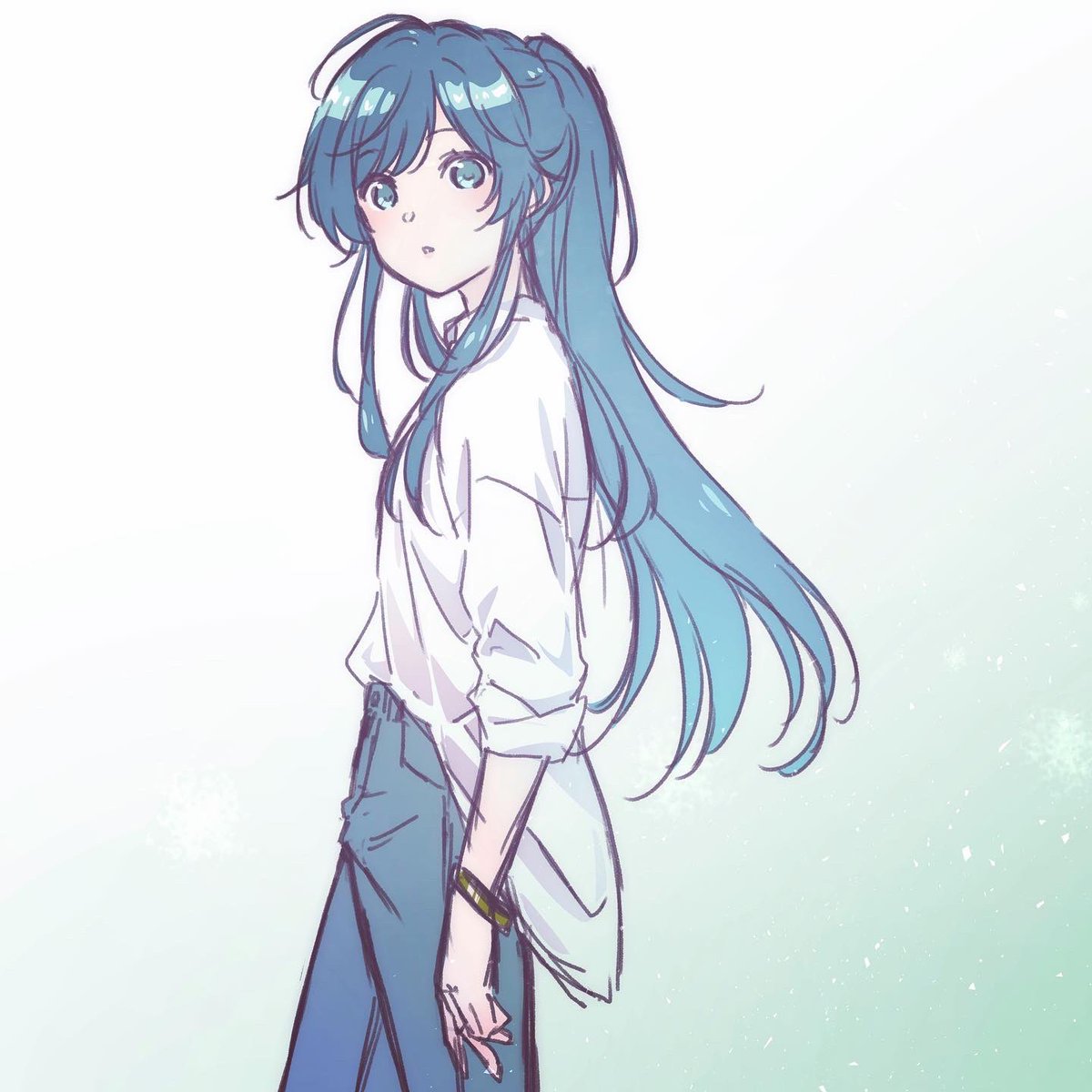 solo long hair pants blue hair shirt 1girl ponytail  illustration images