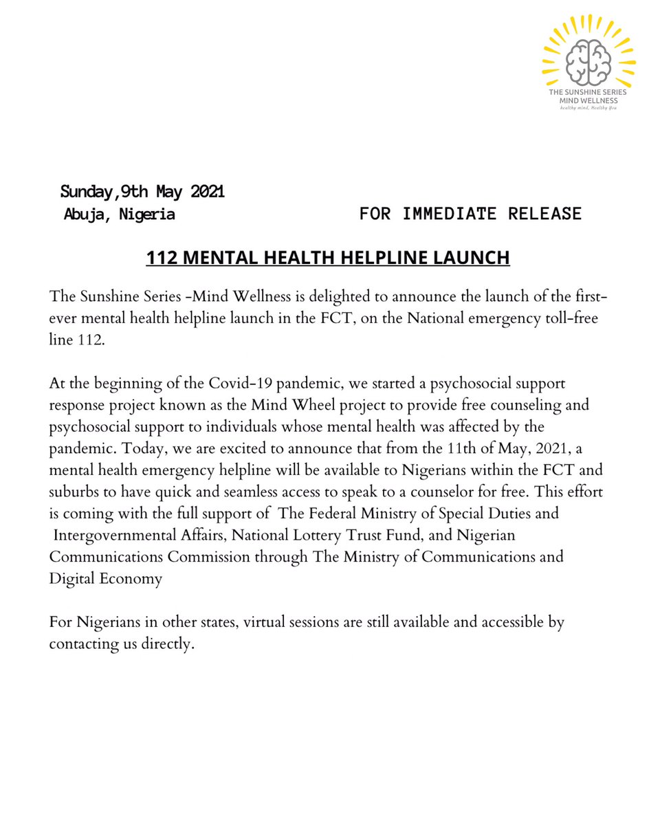 _sunshineseries's tweet photo. For the past year, we have consistently pushed The Mind Wheel project to deliver on its set goals on improving access to psychosocial support for Nigerians during this pandemic which is why it is with great joy that we announce the launch of the first-ever mental health helpline https://t.co/l3CNQG3grW