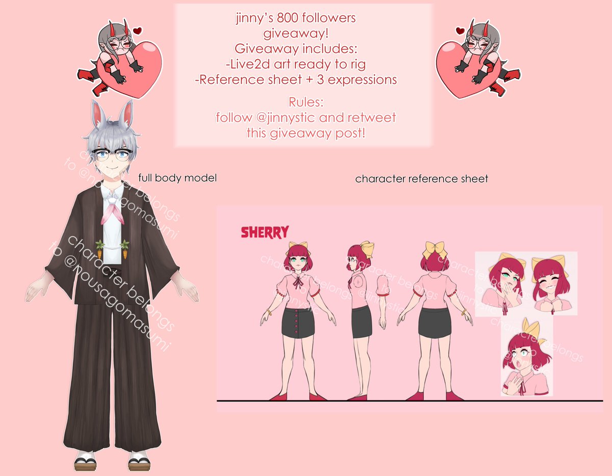 jinnystics's tweet photo. LIVE2D MODEL READY TO RIG GIVEAWAY!

Finally hit 800 followers and I wanna host another giveaway, hopefully for a lucky winner who is in need and wants to be a Vtuber <3

Rules:
-follow @jinnystic
-retweet this post.
giveaway ends @ 9th June 2021
#Vtuber #VTubergiveaway #ENVtuber https://t.co/ogXvAbsW96