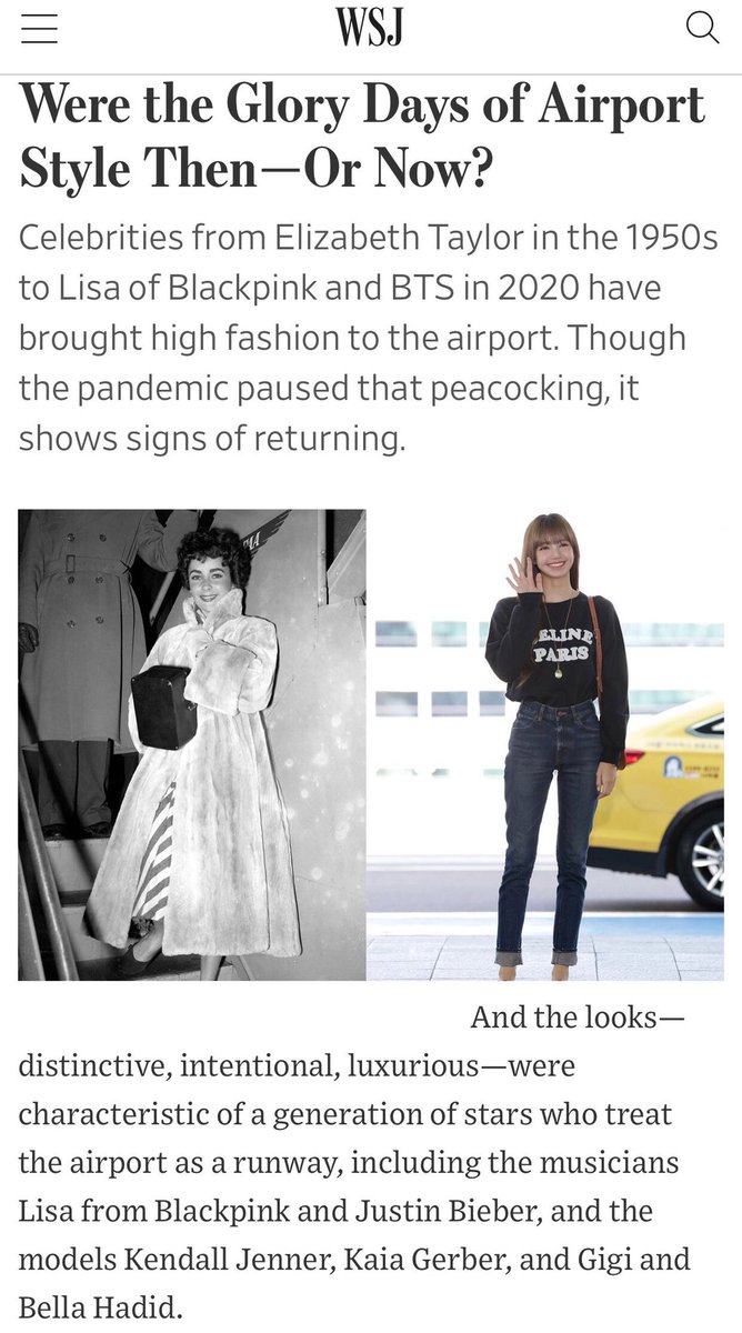 lili_fanboy's tweet photo. บทความจาก Wall Street Journal

วันแห่งความรุ่งโรจน์ของแฟชั่นสนามบินคือเมื่อก่อนหรือตอนนี้?  
คนดังอย่าง Elizabeth Taylor ในปี 1950 ไปจนถึง #LISA @Blackpink และ BTS ในปี 2020 ได้นำแฟชั่นชั้นสูงมาสู่สนามบิน  แม้ว่าการระบาดจะทำให้การอวดโฉมต้องหยุดชั่วคราว แต่มีสัญญาณว่ากำลังจะกลับมา https://t.co/ID2sfVizSA