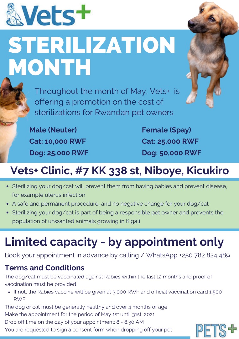 PetsPlusLtd's tweet photo. This Month if May, we are offering promotion on sterilization for your pets! #RwOT #Rwanda #KigaliPets 
Muraho, muri uku kwezi kwa Gicurasi turi gutanga promosiyo kubashaka gukonesha amatungo yabo yo murugo (Imbwa n' Injangwe). https://t.co/23kVEN0TK6