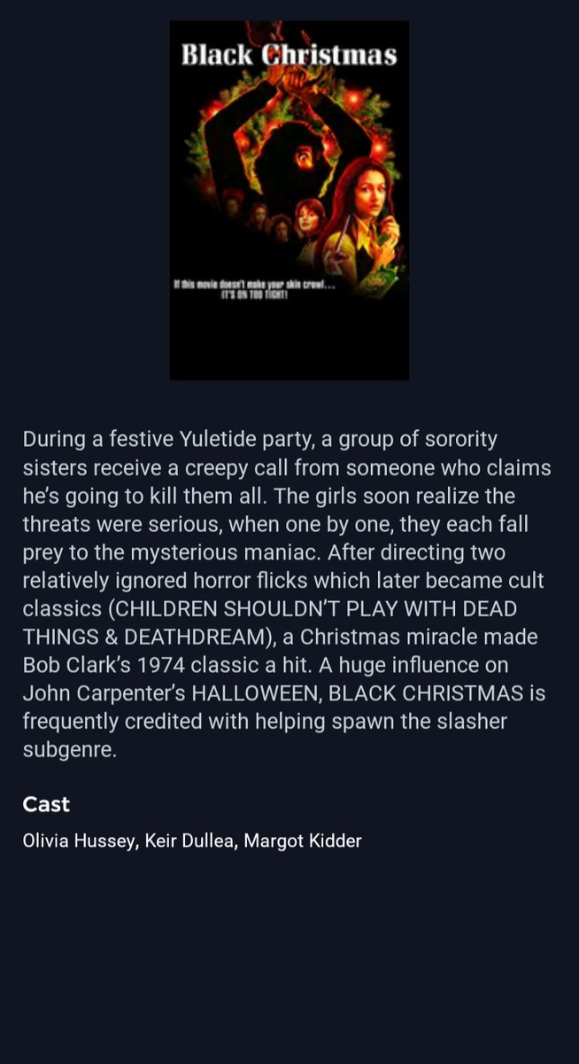 Black Christmas (1973)THE pre-slasher slasher. If you've missed this one (or only seen the sub-par remakes), give it a shot.