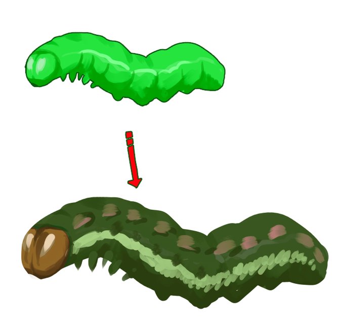 イラストだと多少緩和されそうなので、おおまかにこんな変化。見つけた時は3センチ程度、今は5センチ強ほど…
蛾だよなあ… 