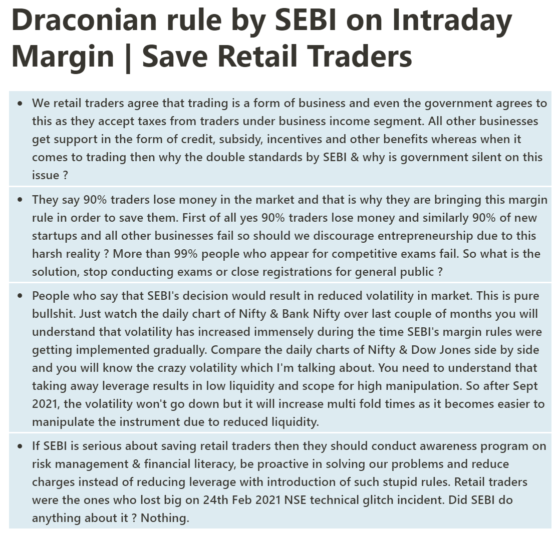 trader_sid's tweet photo. #SEBI's Intraday Margin Rule. 

Absolutely no benefit for retail traders &amp; advantage for big players who already have a edge. Raise your voice or get ready to be kicked out of this market.

@SEBI_India @PMOIndia @NSEIndia @BSEIndia 

#SEBIbringBackMargin #SEBIbringMarginBack https://t.co/RtwIro3Wxj