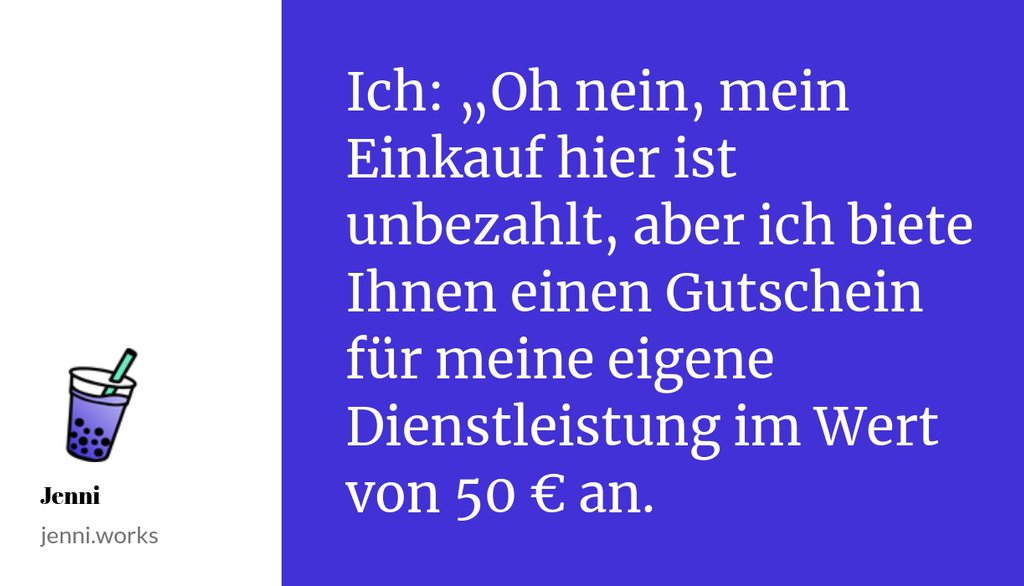 Unbezahltes Praktikum? Natürlich hat der smarte Bullshit-Unternehmer vorher noch schnell eine eigene Währung erfunden, irgendwelche Coaching-Points, die dann natürlich nur in die eigenen Dienstleistungen investiert werden kann.

▸ jenni.works/mindset-statt-…

 #jenniworks