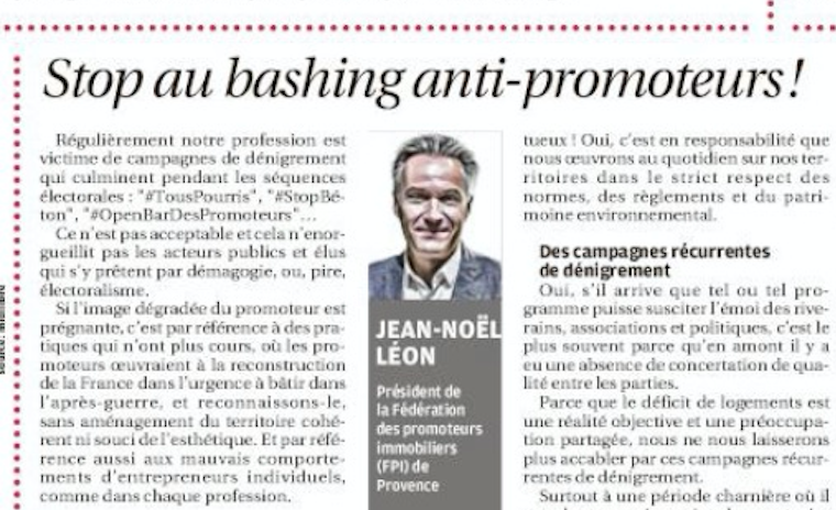 Fpi_Provence's tweet photo. Parce que les promoteurs sont les acteurs engagés des villes, ce matin dans @laprovence, @JeanNoelLeon, président de la @Fpi_Provence, organisation représentant les promoteurs immobiliers du secteur privé, appelle à un massif #StopBashingPromoteurs! https://t.co/hCMWo8C7T1