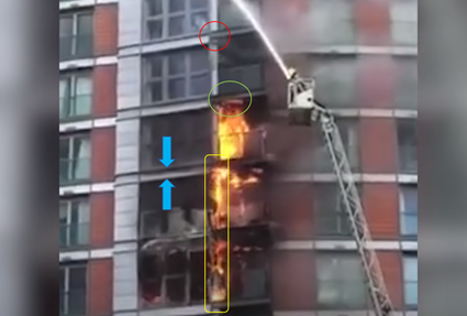 There are a few questions concering the claim that the cladding didn't get involved in the NPW fire. Please see my Linkedin for more details but here are some observations. The flat above the fire was probably doomed due to the narrow spandrel panels (between blue arrows)1/4?