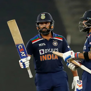 64(34) vs England, 2021.Rohit Sharma smashed a whirlwind 64-runs knocked off facing 34-balls including 5-sixes and 4-fours with strike rate of 188.24 helped to India set up the record total of 224 against England.Watching Rohit and Virat open was a treat to the fans.