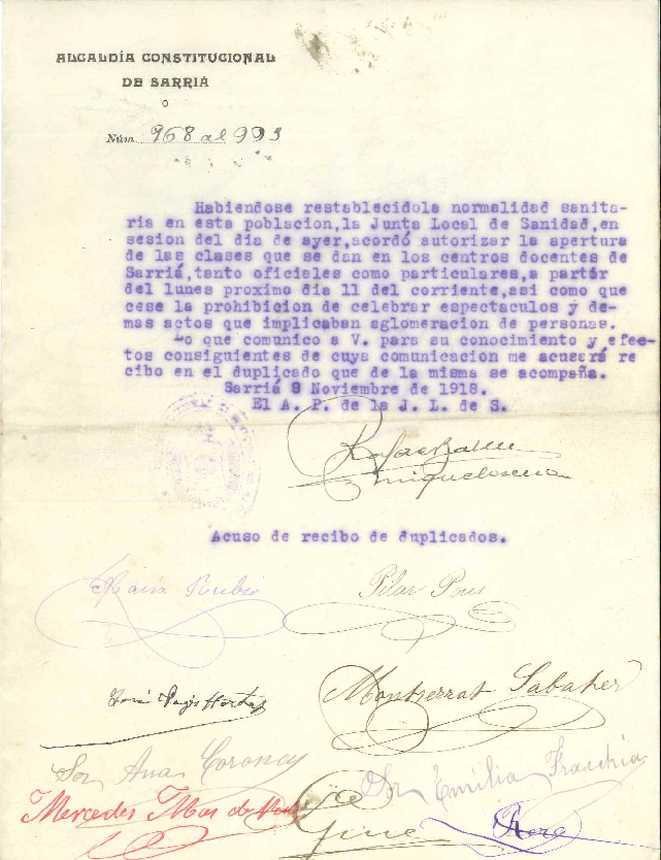 BCN_arxiu's tweet photo. 😷S'acaba l'#EstatdAlarma i presentem dos #documents sobre la de grip de 1918. 

El 10 d'octubre la Junta Local de Sanitat de @Bcn_SSTG va anunciar mesures com el tancament de centres docents. El 8 de novembre, l'alcalde de Sarrià retirà les restriccions.

#MemòriaBCN #ArxiuBCN https://t.co/RAMou21IHY