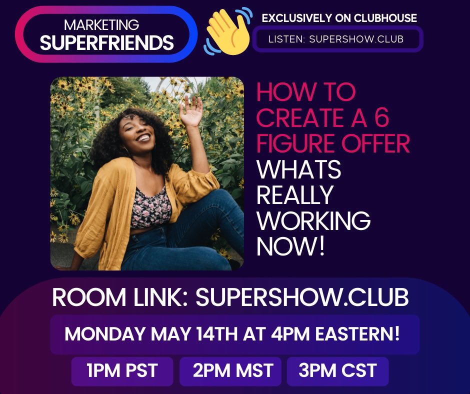I'm discussing “How To Create A 6 Figure Offer” with <a href="/TheresaWV/">Theresa Walsh Velendzas</a>, <a href="/AnEclecticMix/">Nina Cleere, JD</a>, Olivia.club, <a href="/ThinkTaniant/">Taniant</a>, <a href="/thebriarharvey/">Briar Harvey</a>, @SidekickAlex, and <a href="/JalynnAdrienne/">Jalynn Adrienne Jones, MSG</a>. 

Tomorrow, May 10 at 4:00 PM EDT on <a href="/clubhouse/">Clubhouse</a>. Join us! joinclubhouse.com/event/PrnDX0qD