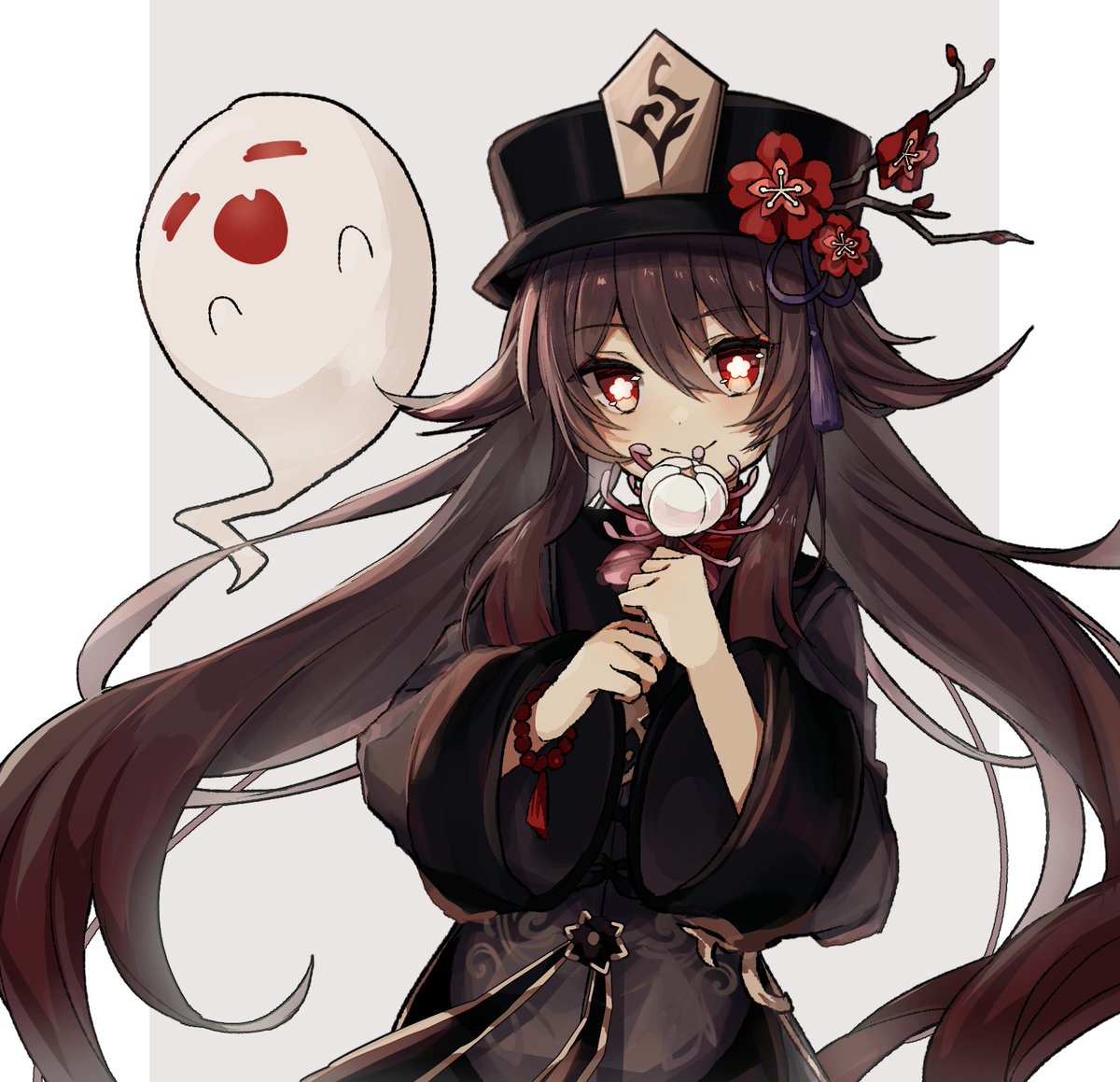 hu tao (genshin impact) 1girl flower hat ghost red eyes long hair brown hair  illustration images