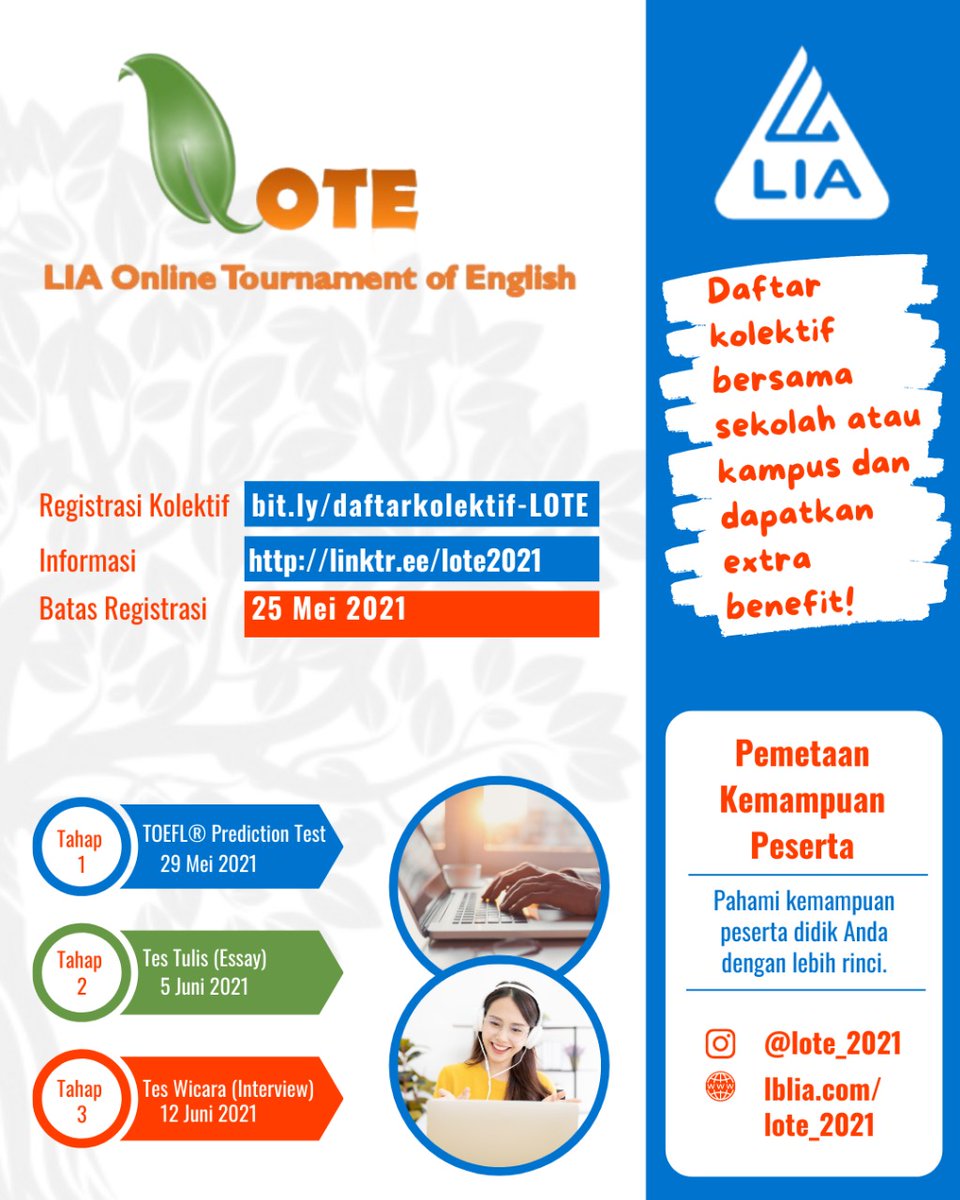 LBLIA_Pusat's tweet photo. Yuk ikutan yuk
Kapan lagi bisa ikutan tes TOEFL Prediction yang berhadiahhhh
Aseli, cuma ada di sini
⬇️⬇️⬇️
LIA Online Tournament of English (LOTE)
Daftar sendiri bisa, daftar kolektif juga boleh
Info lengkap ➡️ https://t.co/PjXyq3XKhh
#toeflprediction
#testoefl https://t.co/1bVz4mFG91
