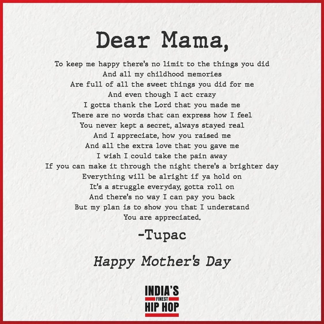 We salute all the mothers who wage war against the society and take the extra burden of her household so that y'all could fulfill your dream of becoming a successful artist.

There's never a greater God than a mother.

HAPPY MOTHER'S DAY!

#HappyMothersDay #IndiasFinestHipHop