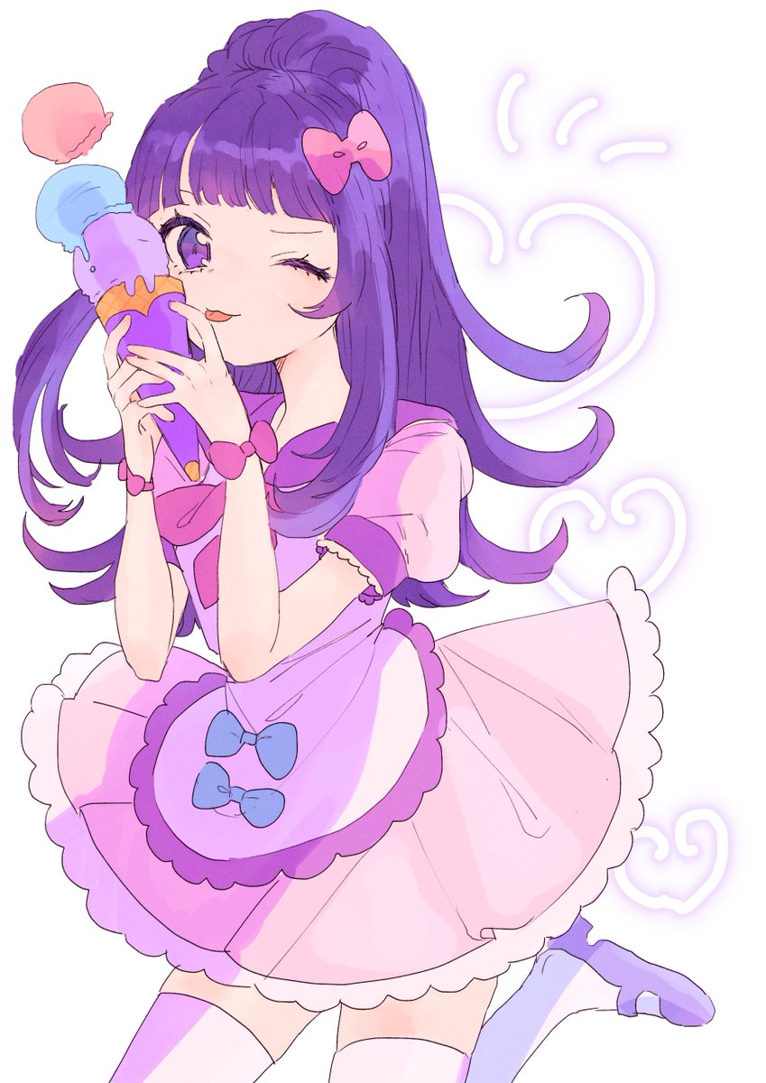 1girl solo one eye closed purple hair ice cream thighhighs purple eyes  illustration images