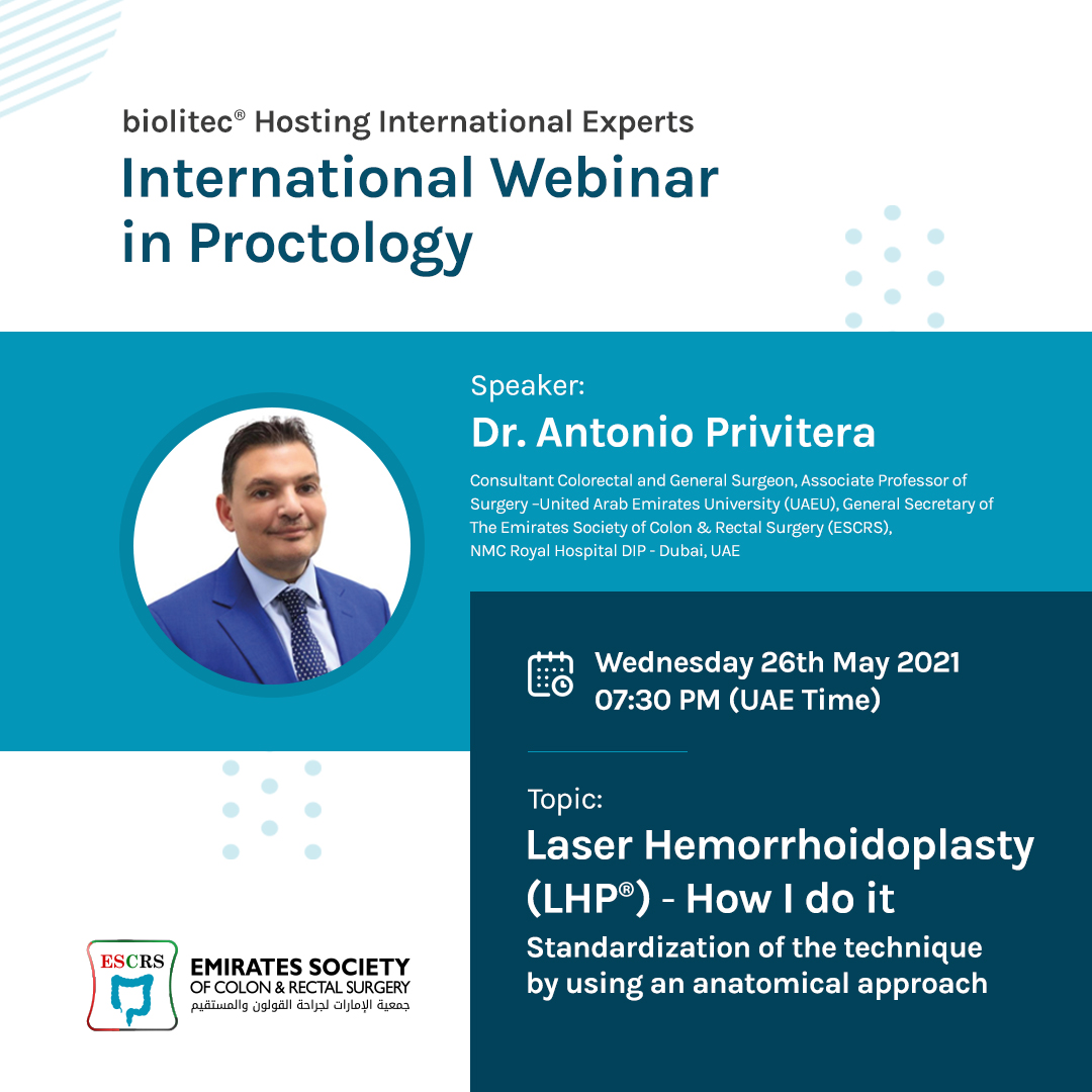 Catch our very own Dr. Antonio Privitera in this coming International Webinar in Proctology on the 26th May, 7:30 pm UAE time.

To register, click the link below:

attendee.gotowebinar.com/register/15561…

#Webinar #ESCRS #ESCRSUAE #EmiratesSocietyOfColonAndRectalSurgery #UAE