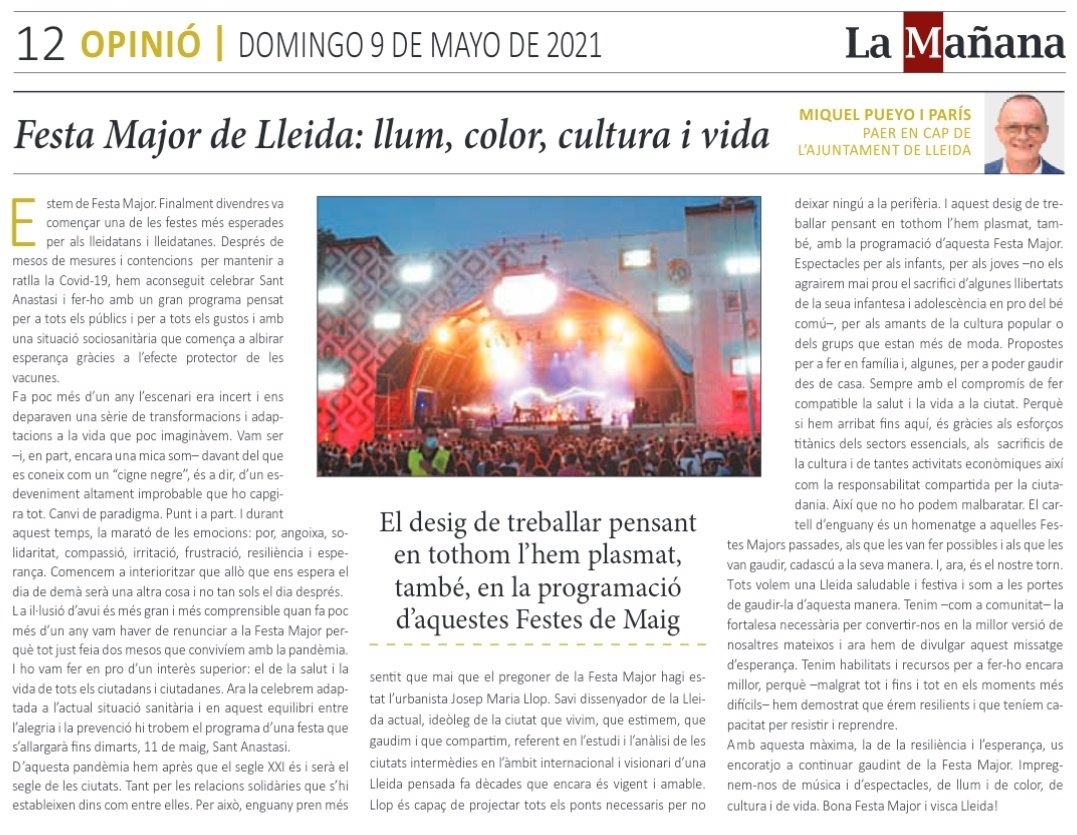 MiquelPueyo's tweet photo. ✍🏼 "Festa Major de Lleida: llum, color, cultura i vida" és l'article que publico avui a @SEGREcom i @LaManyanacat. 

Divendres vam donar el tret de sortida a una Festa Major molt i molt esperada. Us encoratjo a gaudir-la amb les màximes de la resiliència i l'esperança ✨

🗞️ 👇🏼 https://t.co/vyo8WHHo8L