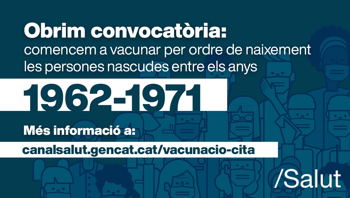 ATivissa's tweet photo. 📣 El Departament de Salut comença a vacunar per ordre de naixement les persones nascudes entre els anys 1962 i 1971.
📲 S’enviaran progressivament SMS de convocatòria, començant per les persones de més edat.
🔴 Demaneu cita a: https://t.co/ZgUAdErj35
#Tivissa #Darmos https://t.co/YbGhadQ5ox