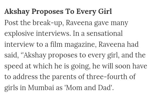 8) Cheated on:Pooja for RaveenaRaveena for Rekha & ShilpaRekha & Shilpa for TwinkleEven after getting married & havingkids this darinda had few flings here & there.