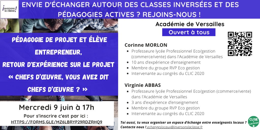 CLISE_semaine's tweet photo. 📣 Qu’est-ce que la méthode REVE ? Corinne Morlon et Virginie Abbas vous partage leur démarche pour développer l’appartenance et le travail en équipe des élèves. 

📆 Rdv mercredi 9 juin à 17h
Inscriptions ✅ https://t.co/NYeiqblndg 

#classeinversee #classeflexible https://t.co/k6VHvz5moF
