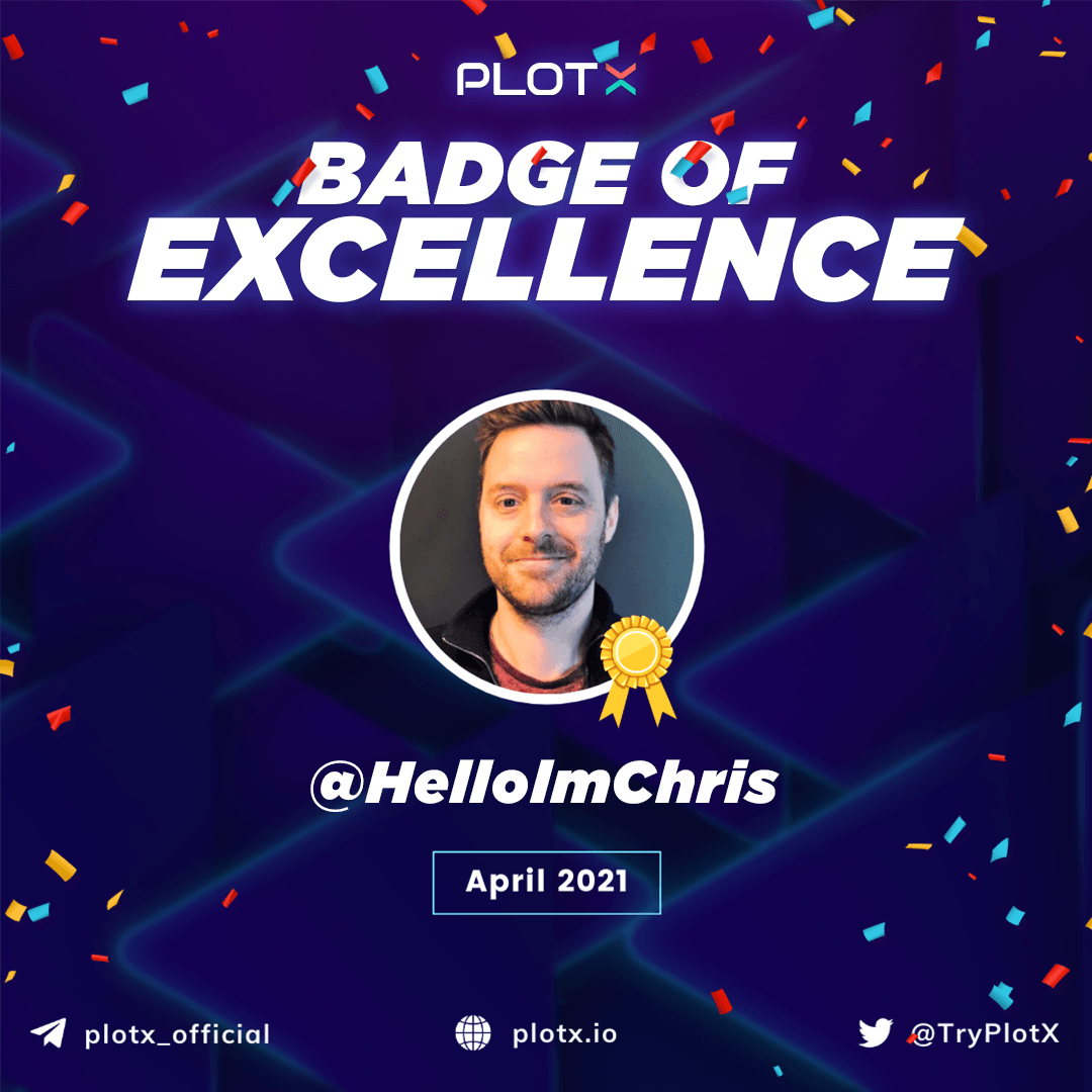TryPlotX's tweet photo. 1/ It's our pleasure to bestow Chris Cohen (𝑇𝑒𝑙𝑒𝑔𝑟𝑎𝑚 ℎ𝑎𝑛𝑑𝑙𝑒: 𝐻𝑒𝑙𝑙𝑜𝑙𝑚𝐶ℎ𝑟𝑖𝑠) with the Badge of Excellence award for the month of April '21.

🙏We appreciate your consistency and your constant support to the PlotX Community. We thank you for all that you do https://t.co/TKUjQi2Nuc