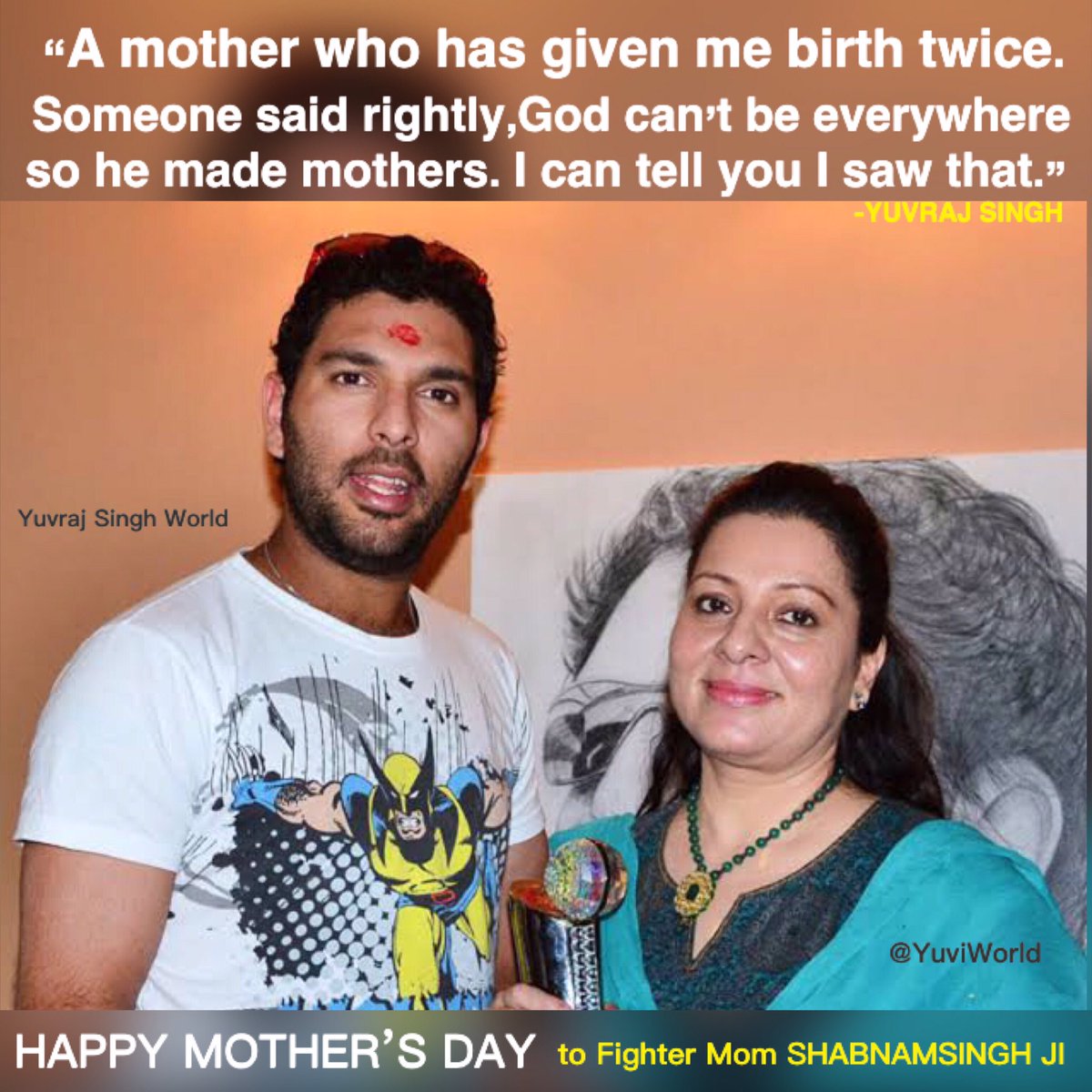 YuviWorld's tweet photo. “A mother who has given me birth twice.Someone said rightly,God can’t be everywhere so he made mothers. I can tell you I saw that.” -Yuvraj Singh @YUVSTRONG12
#HappyMothersDay to Fighter Mom
#ShabnamSingh ji on the behalf of all Yuvians #YuviFans https://t.co/KaZiX7tPf5